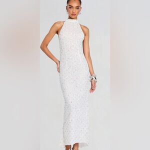 Retrofete White Sequin Halter Dress